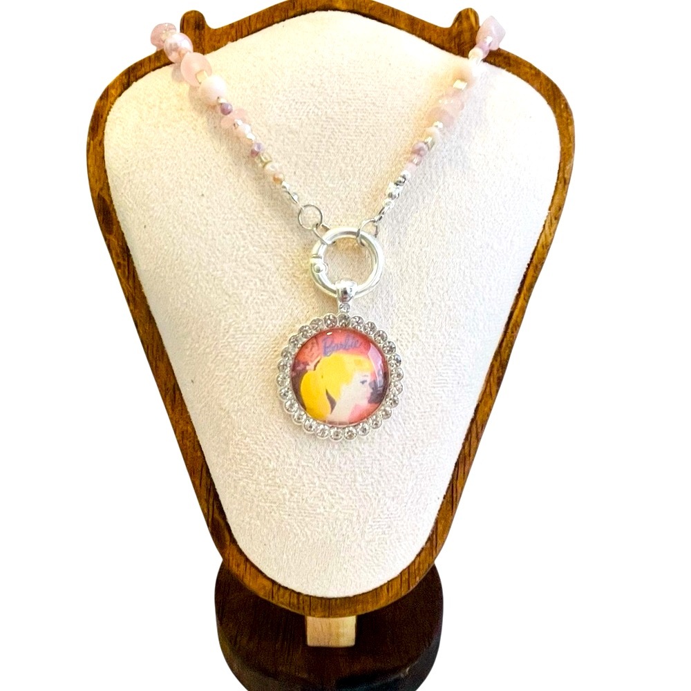 SALE Vintage Barbie Pendant Necklace, Rose quartz, glass, crystals. 18”